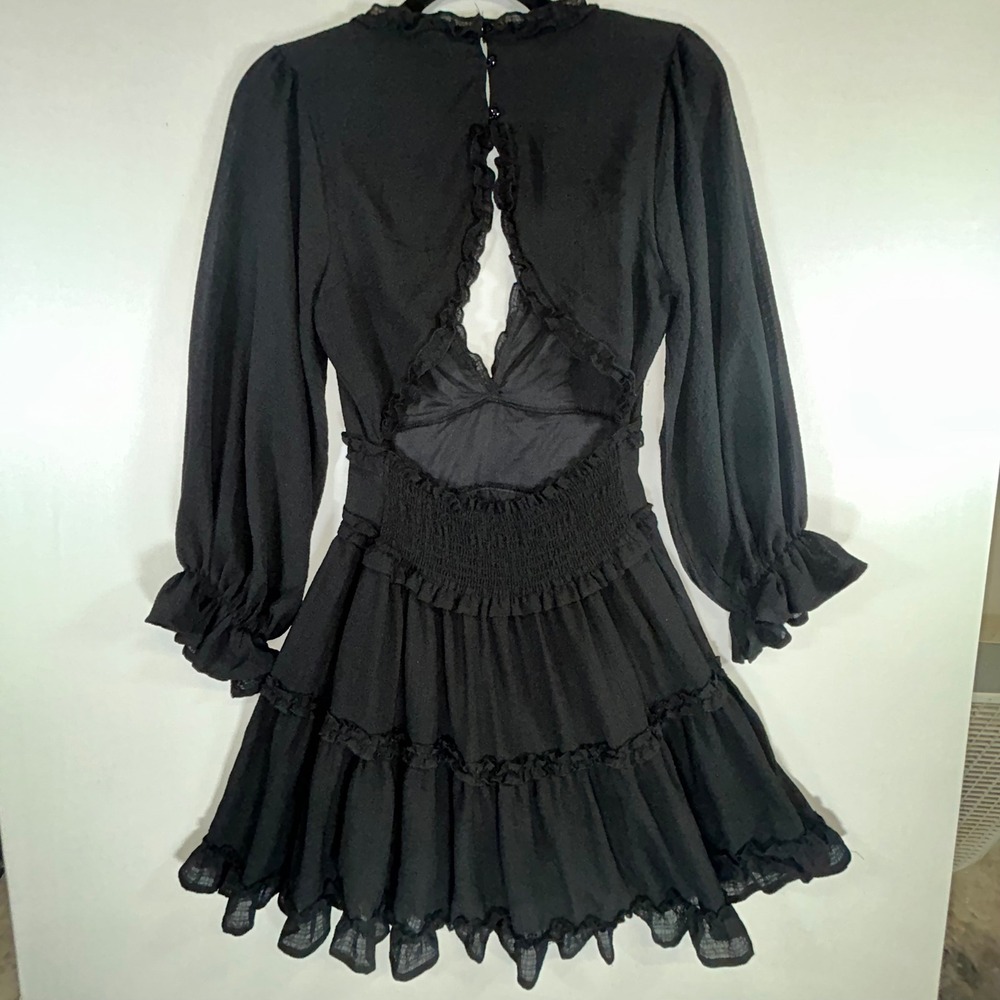 Favlux Black Ruffle Mini Dress Romantic Goth Coquette Open Back Long Sleeve - Picture 2 of 10